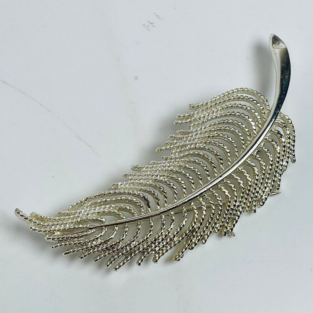 Vintage Signed Feather Brooch Pin 3.25" Silver Tone Textured Leaf Nature Jewelry